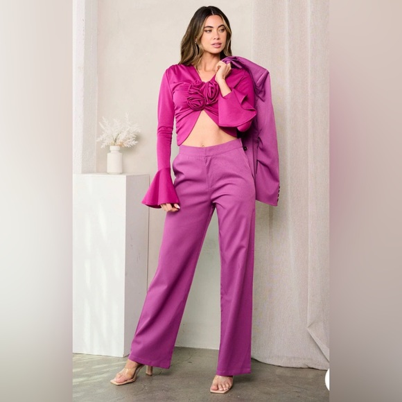 FUSHIA LONG SLEEVE TOP W/OVERSIZED BLAZER & WIDEL LEG PANTS 3PC. SET - Picture 1 of 4